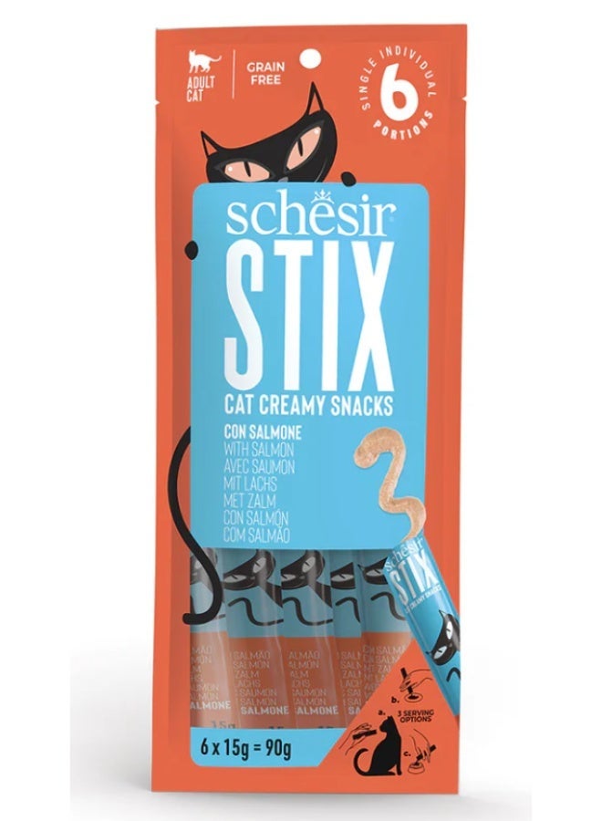 Schesir Stix Cat Creamy Snacks – Salmon – Grain-Free Lickable Treats for Adult Cats – 90 g (6 x 15 g Sticks) - Image 1
